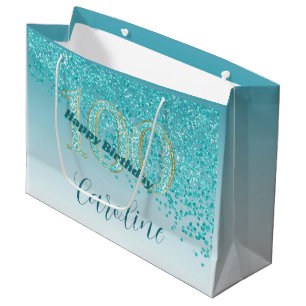 Pretty Falling Teal Blue Glitter 100th Birthday Large Gift Bag