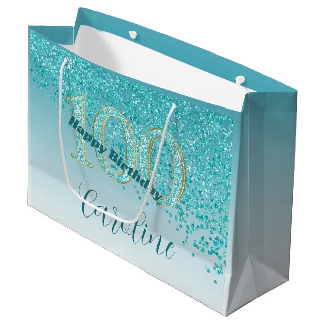 Pretty Falling Teal Blue Glitter 100th Birthday Large Gift Bag (Front Angled)