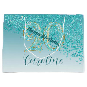 Pretty Falling Teal Blue Glitter 20th Birthday Large Gift Bag