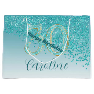 Pretty Falling Teal Blue Glitter 30th Birthday Large Gift Bag