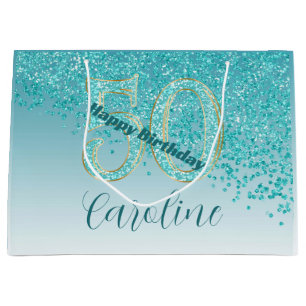 Pretty Falling Teal Blue Glitter 50th Birthday Large Gift Bag