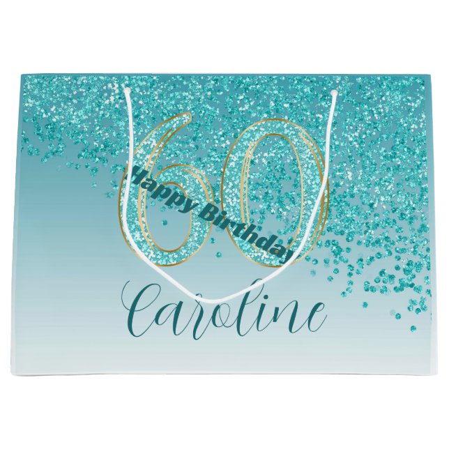 Pretty Falling Teal Blue Glitter 60th Birthday Large Gift Bag (Front)
