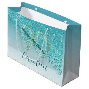 Pretty Falling Teal Blue Glitter 90th Birthday Large Gift Bag