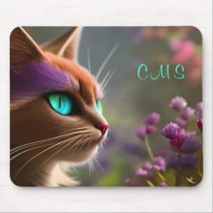 Pretty Fantasy Cat Flower *Monogram*  Mouse Pad