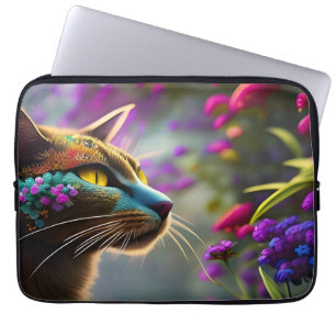 Pretty Fantasy Flower Cat Laptop Sleeve