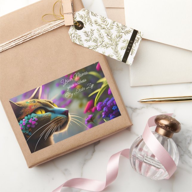 Pretty fantasy flower Cat  Name & Address Sticker (Gifting)