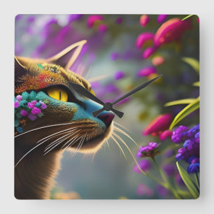 Pretty Fantasy Flower Cat   Square Wall Clock