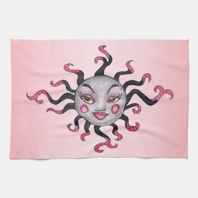 Pretty Fantasy Lady Sun Grey Face Pink Lips Cheeks Kitchen Towel (Horizontal)