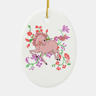 Pretty Fantasy Pink Unicorn Horse in Flowers Ceramic Ornament