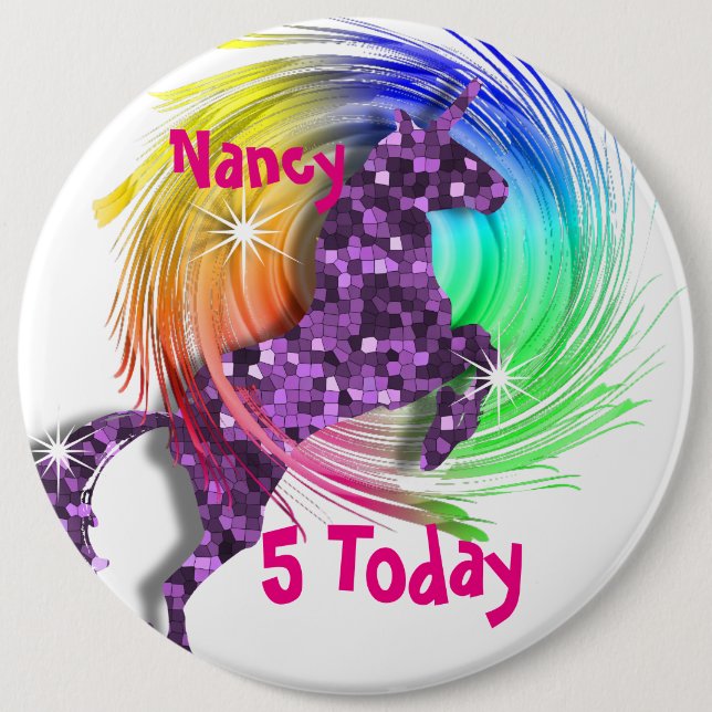 Pretty Fantasy Rainbow Unicorn Personalized Age 6 Inch Round Button (Front)