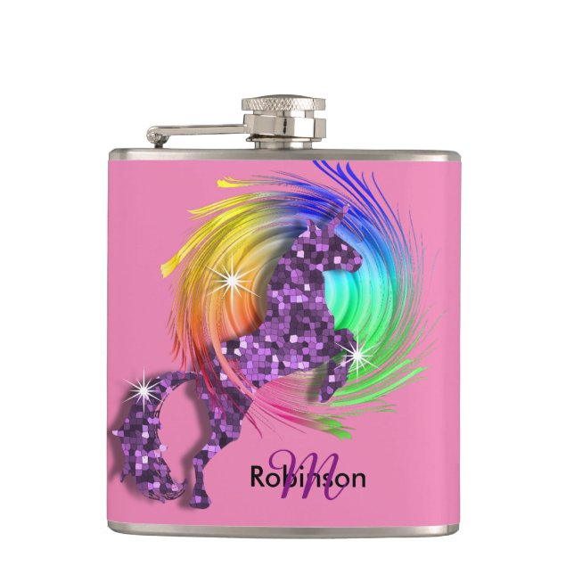 Pretty Fantasy Rainbow Unicorn Personalized Hip Flask (Front)