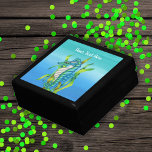 Pretty Fantasy Seahorse seaweed Shades of Blue Gift Box<br><div class="desc">This wood gift box for trinkets,  jewellery,  or gift giving has a pretty fantasy seahorse in aqua blue with white stomach holding green seaweed on a water look background in shades of blue.  Customise your text with the template.</div>