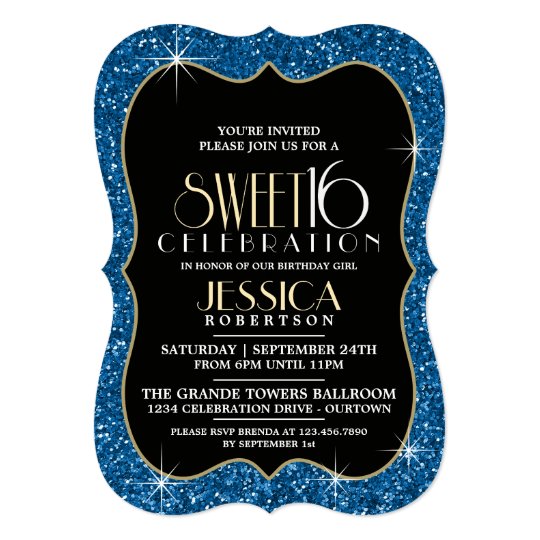 Pretty Faux Blue Glitter Sweet 16 Party Card