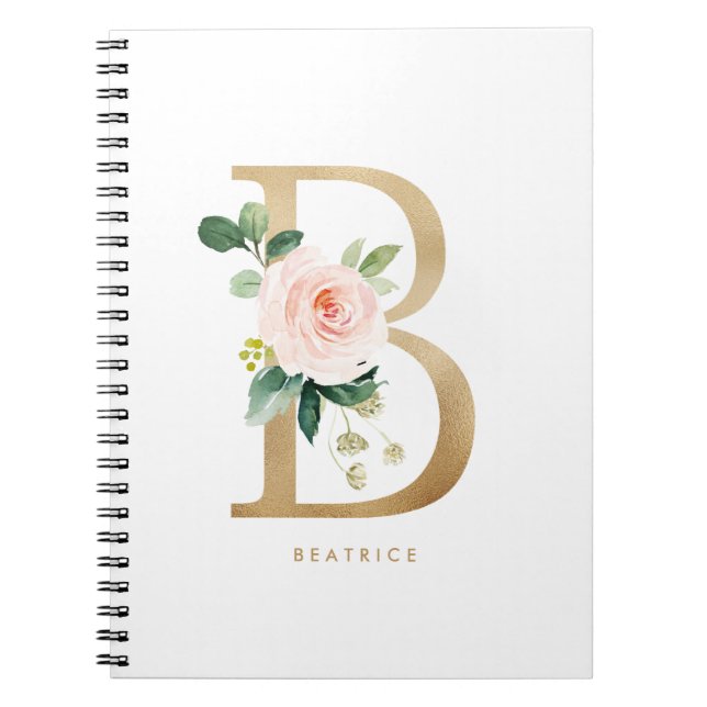 Pretty Faux Gold Foil Floral Letter B Monogram Notebook (Front)