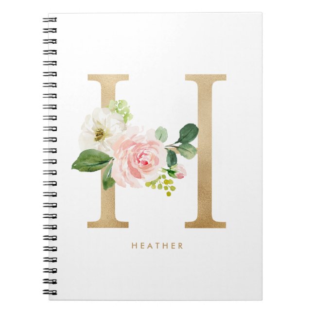 Pretty Faux Gold Foil Floral Letter H Monogram Notebook (Front)
