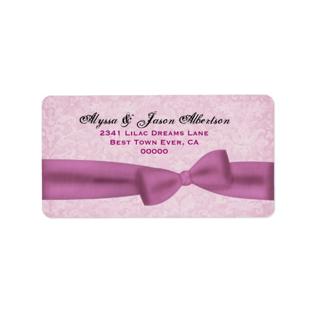Pretty Faux Pink Bow and Damask A01 Wedding Label (Front)