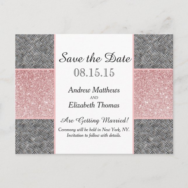 Pretty Faux Pink Glitter and Grey Fabric Announcement Postcard (Front)