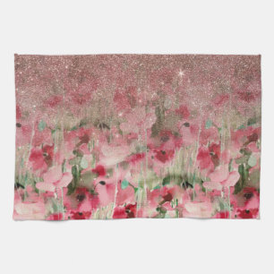 Pretty Faux Rose Gold Glitter on Watercolor Floral Kitchen Towel