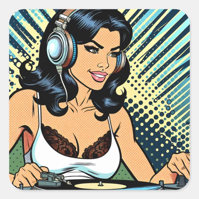 Pretty Female Deejay Jamming Pop Art  Square Sticker (Front)