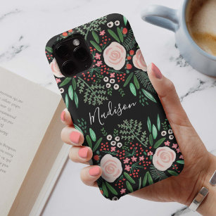 Pretty Feminine Black Botanical Floral Roses  Case-Mate iPhone Case