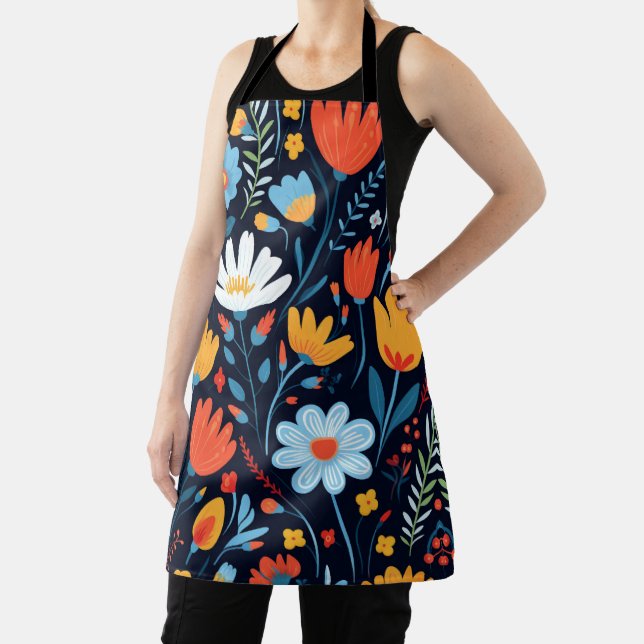 Pretty Feminine Black Floral Pattern Apron (Insitu)