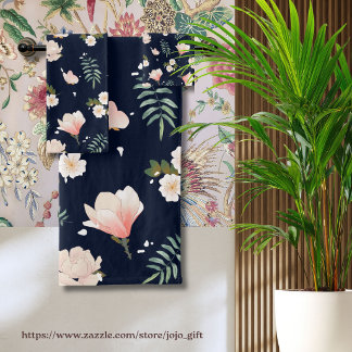 Pretty feminine flower pattern for her l Navy blue Bath Towel Set