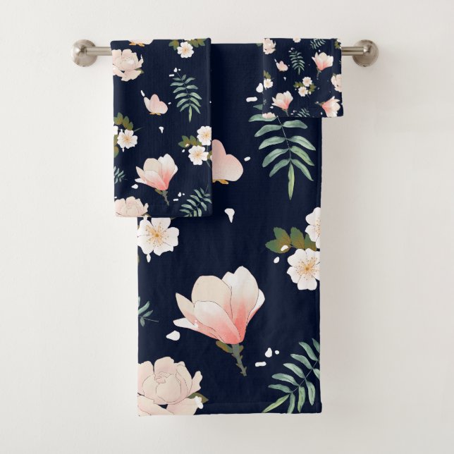 Pretty feminine flower pattern for her l Navy blue Bath Towel Set (Insitu)