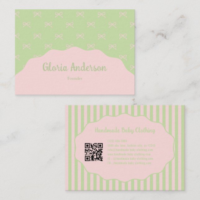 Pretty Feminine Green Pink Bow Stripe Pattern Business Card (Front/Back)
