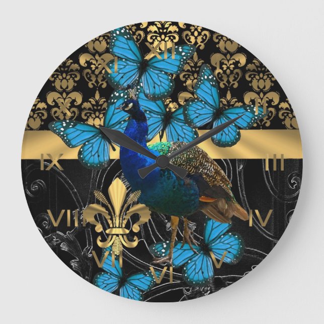 Pretty feminine peacock design large clock (Front)