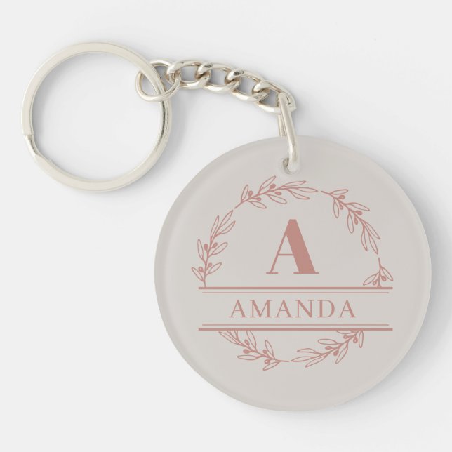 Pretty Feminine Pink Wreath Custom Monogram Keychain (Front)