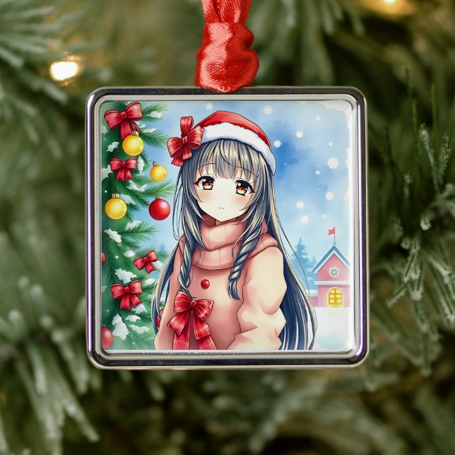 Pretty Festive Anime Girl Christmas Metal Ornament (Tree)