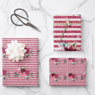 Pretty Festive Burgundy Stripe Wrapping Paper Sheet