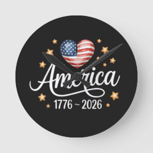 Pretty Flag Heart 1776-2026 July 4th 250th  Round Clock
