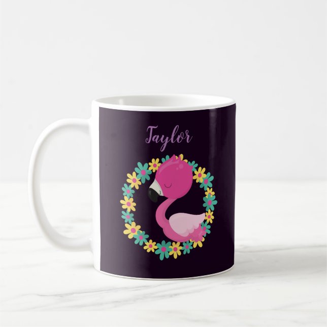 Pretty Flamingo on purple background Coffee Mug (Left)