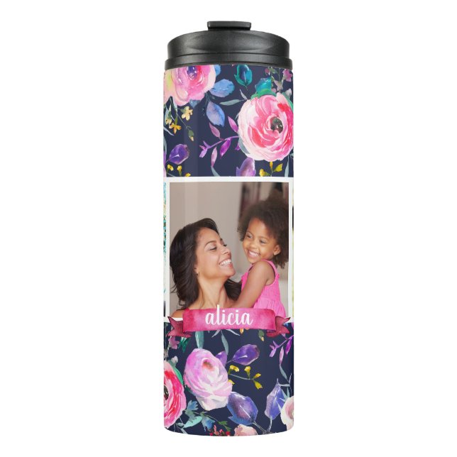 Pretty Floral 3 Photo Monogram Thermal Tumbler (Front)