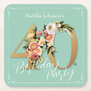 Pretty Floral 40th Birthday Mint Gold Glamourous Square Paper Coaster