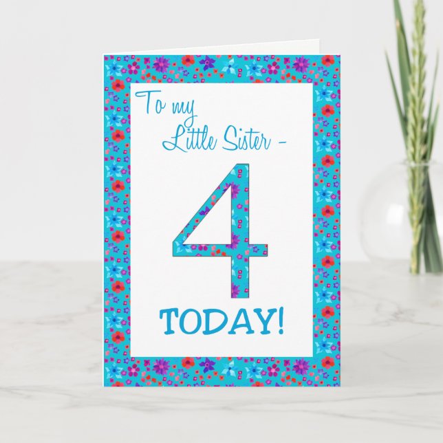 Pretty Floral 4th Birthday Card Little Sister Blue (Front)