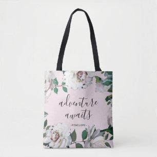 Pretty Floral Adventure Awaits with Name Tote Bag