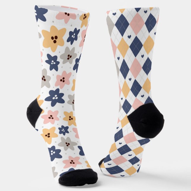 Pretty Floral And Argyle Diamond Pattern Fun Odd Socks (Angled)