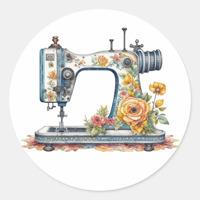 Pretty Floral Antique Sewing Machine Christmas Classic Round Sticker (Front)