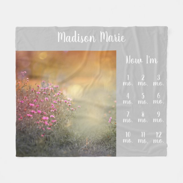 Pretty Floral Baby Milestones Grey Fleece Blanket (Front (Horizontal))