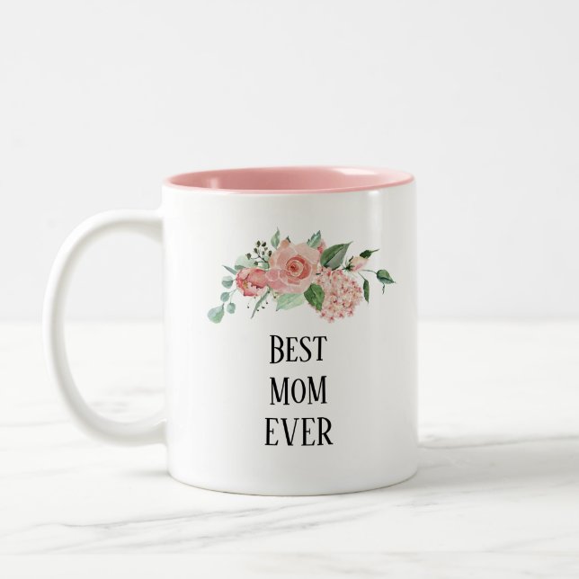 Pretty floral Best Ever Mom  Two-Tone Coffee Mug (Left)