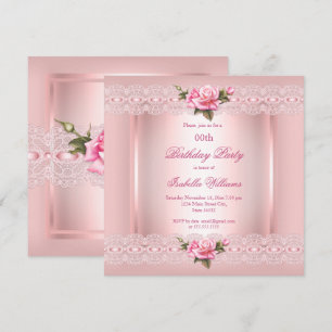 Pretty Floral Blush Pink Roses lace Birthday Invitation