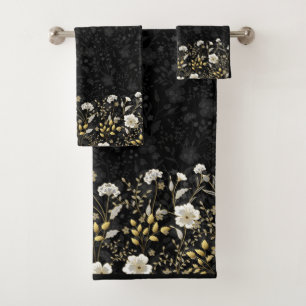 Pretty Floral Border Splashed Against Black Backgr Bath Towel Set