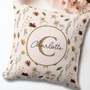 Pretty Floral Botanical Blush Pink Monogram Throw Pillow