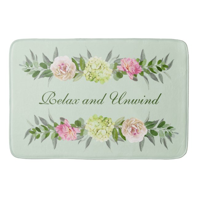 Pretty Floral Botanical | Relax & Unwind Green Bath Mat (Front)