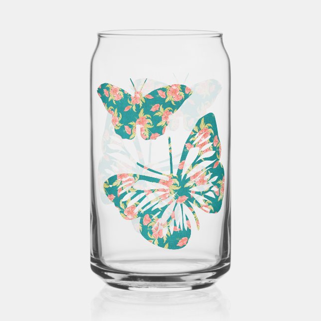 Pretty Floral Butterflies Can Glass (Front)