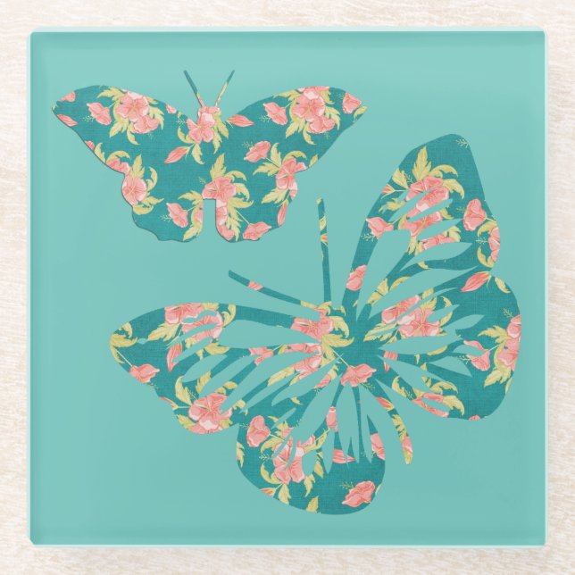 Pretty Floral Butterflies Glass Coaster (Front)