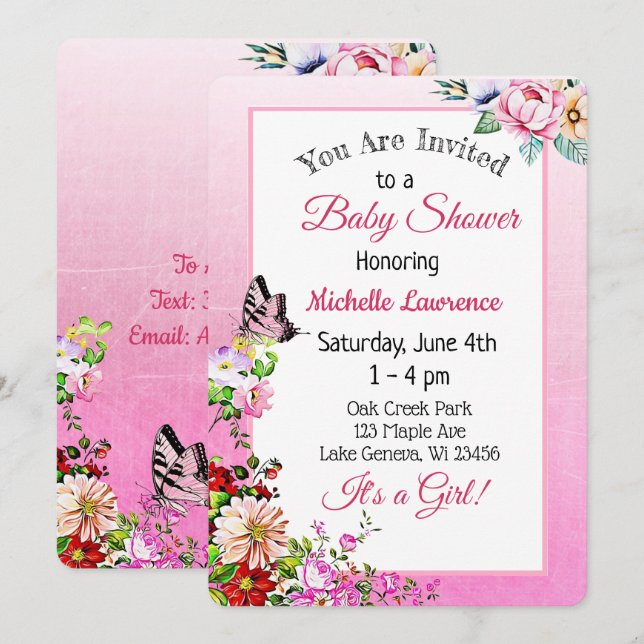 Pretty Floral Butterfly Girl's Baby Shower Invitation (Front/Back)