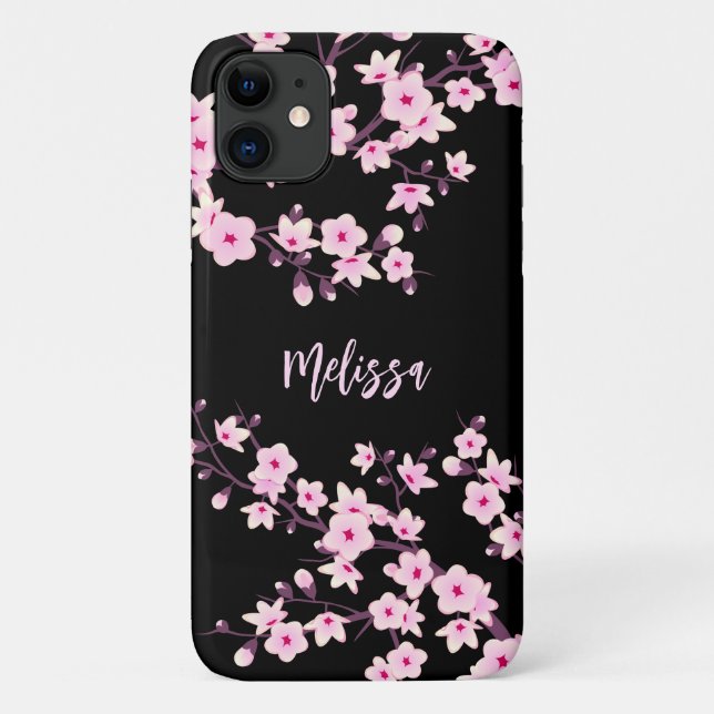 Pretty Floral Cherry Blossom Pink Black Monogram Case-Mate iPhone Case (Back)